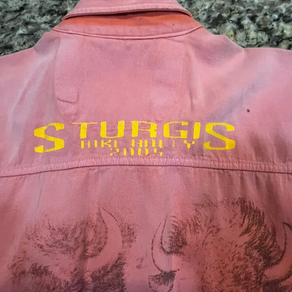 Biker Design Sturgis Buffalo Sleeveless Button Shirt‎ Men M Western Y2K Orange